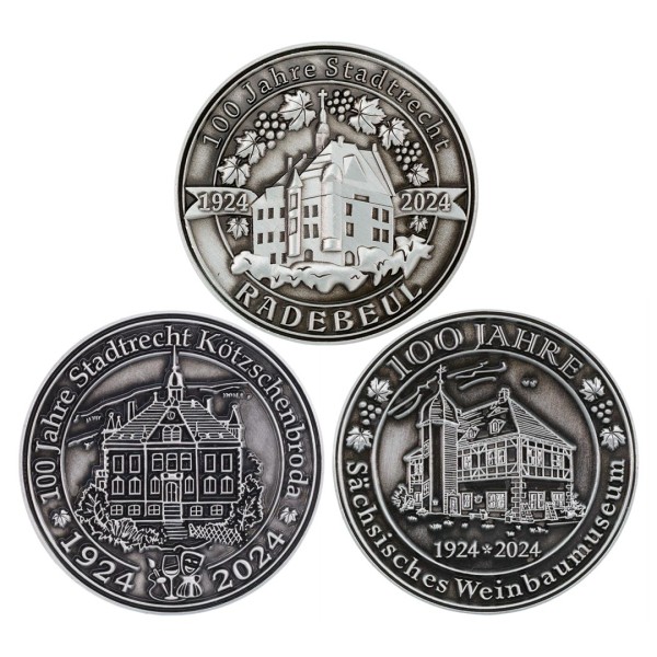 Medaillen Radebeul 2024 - 100 Jahre Jubiläen - 3er-Set in Sammeletui